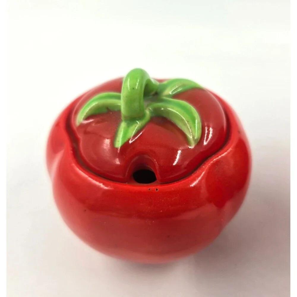 1940's Vtg Pantry Parade Ceramic Tomato Lidded Sugar Jar & Container Set of 2